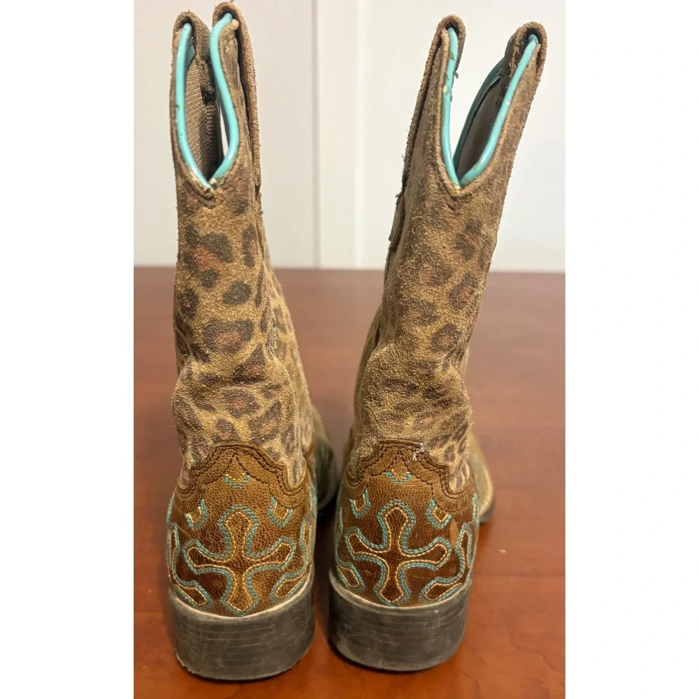 Ariat Kids Leopard Print Cross Western Cowboy Boots Brown Turquoise 10017311 10